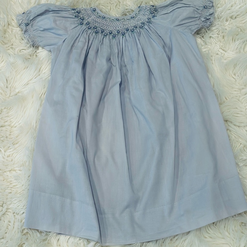 Strasburg Blue Babydoll Dress with Smocked Ruffles and Puff Sleeves